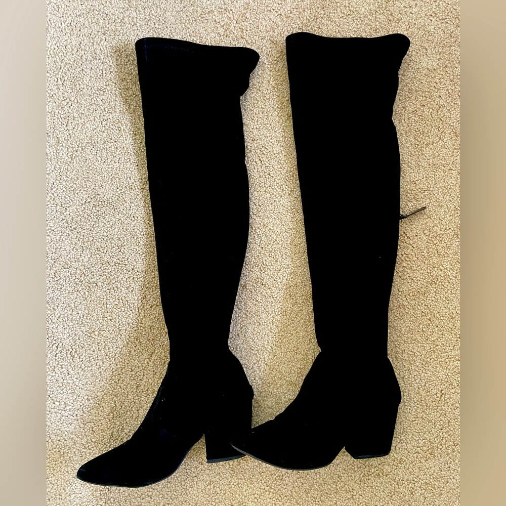 Black Faux Suede Over The Knee OTK Block Heel Boots Size 6.5 Thigh High Tall